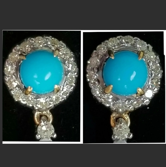 Earrings 14k Gold Diamond Turquoise Rock Crystal Quartz Drop- Estate Jewelry 7g - Picture 9 of 12